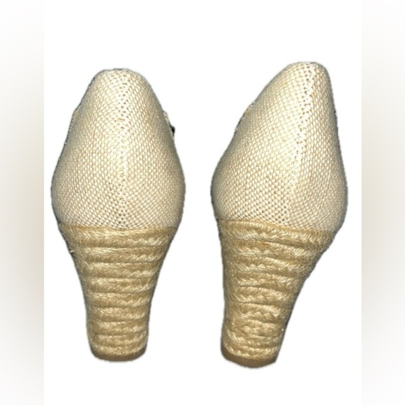 Elle Sz. 8 Ribbon Lace Up Ankle Blk Lace Closed Toe 3.5" Jute Wedge Heel - Picture 8 of 12